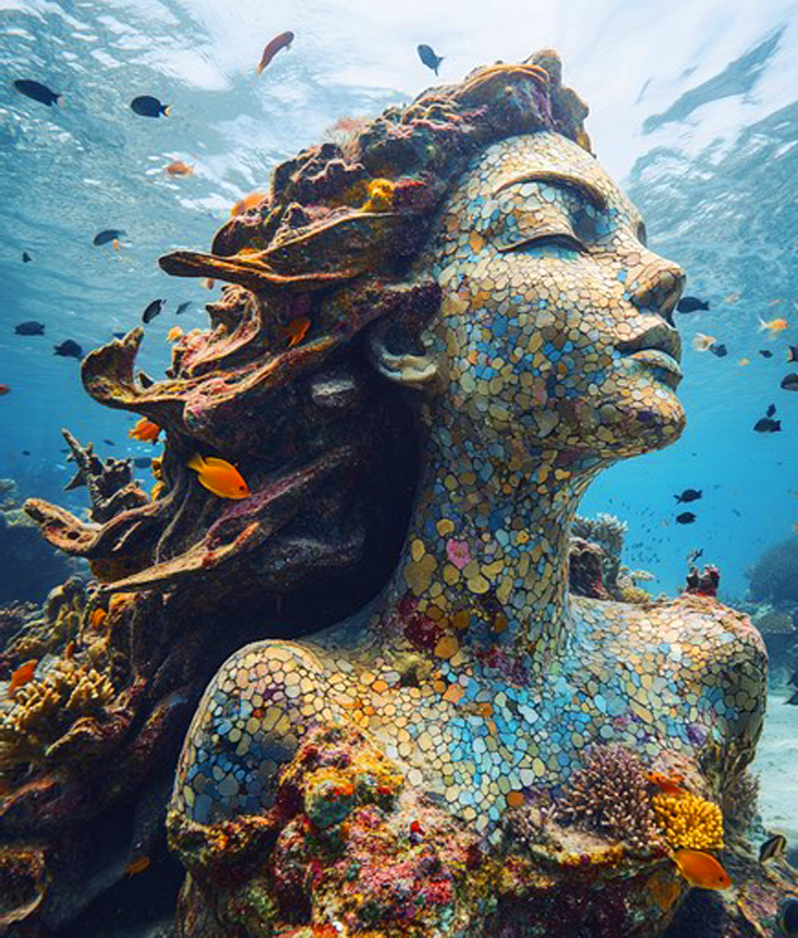 Unterwasser Statue Frau mit lockigem Haar